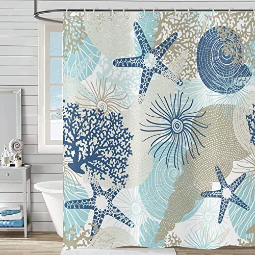 Hnmdmyi Tenda da doccia nautica costiera 180x200, spiaggia a tema stelle marine conchiglia corallo tende da doccia oceano vita marina tenda da bagno impermeabile poliestere tessuto lavabile con ganci