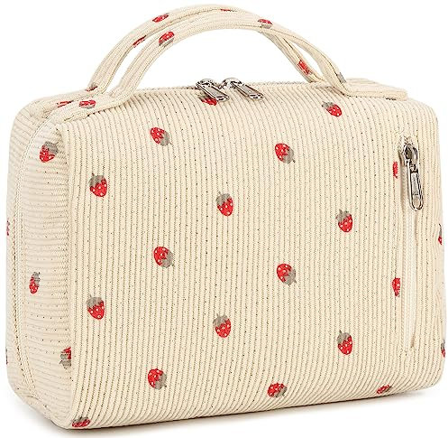 Bluboon Trousse de Toilette de Voyage, Trousse de Maquillage Portable pour Femmes et Filles, Velours côtelé Beige Fraise, Trousse à Maquillage en Velours côtelé Beige Fraise
