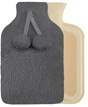 Sleepdown Teddy Fleece Hot Water Bottle and Pom Pom Cover Soft Cosy Fluffy for Neck Back Pain Relief Large 2 Litre - 35 x 23cm - Charcoal