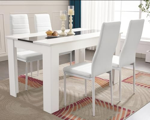 Blisswood Dining Table Set, Dining Table And Chair Set, Pu Leather Dining Room Chairs and 17mm Thick Table Top Long Modern Dining Table Set (White & Black Dining Table And 4 White Chair)