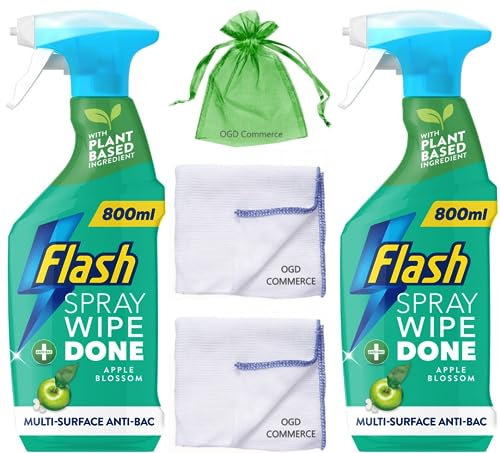 Flash Sparkling Home, Spray Wipe Done, 800ml, Antibacterial Multi-Surface Cleaner, Apple Blossom Scent, 2 Pack + 2 x Cleaning Cloth + Organza Small Bag