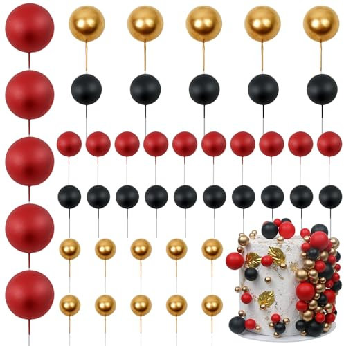 LARDUX 45 PCS Ball Cake Toppers - Baking Cake Decorations DIY Mini Balloon Cupcake Insert for Birthday Party Baby Shower Wedding - Red Black Gold