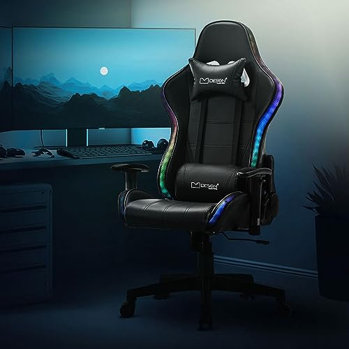 ML-Design Gaming Stuhl mit RGB LED-Beleuchtung & Bluetooth-Lautsprechern, Schwarz, Kunstleder, Ergonomischer Bürostuhl, Rückenlehne, Kopfstütze, Lendenkissen, drehbar-verstellbar, Racing Gamer Stuhl