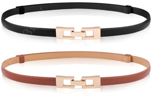 EIOKBECY 2 Stück Skinny Ledergürtel für Damen Verstellbarer dünner Gürtel Schmaler Taillengürtel mit Gold metallschnalle für Kleider und Mantel