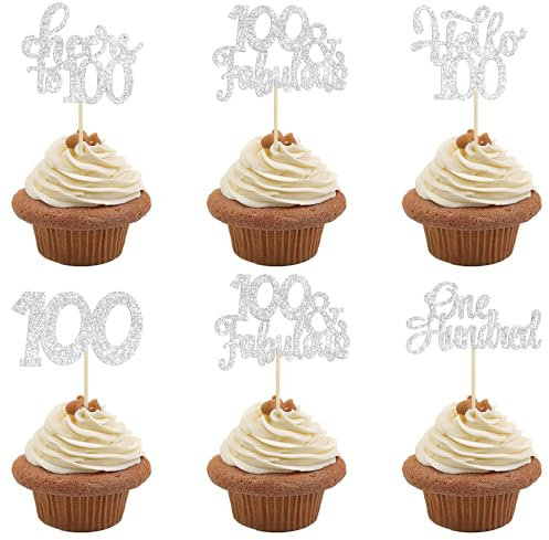 Gyufise 30Pcs Happy 100th Birthday Cupcake Toppers Silver Glitter One Hundred Cheers to 100 Years Old Birthday Cupcake Picks for 100th Birthday Anniversary Party Cake Decorations