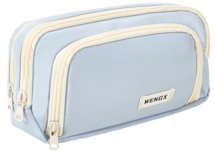 Large Capacity Pencil Case,Zip Smooth Pencil Pouch for Girls Boys with 4 Compartments Pen Bag Stationery Organizer Office Makeup Bag for Women Men(Pale Blue)
