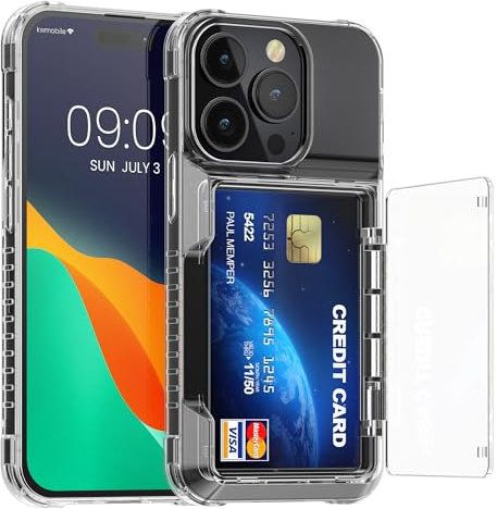 kwmobile Case with Card Holder Compatible with Apple iPhone 15 Pro Case - Clear Hard Cover with Soft Bumper - Transparent