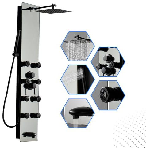 BWE Pannello doccia con sistema a torre in acciaio inox, multifunzione, pannello doccia a specchio con beccuccio, getto idromassaggio, vasca da bagno, doccia, per casa, hotel, resort, tipo diviso,