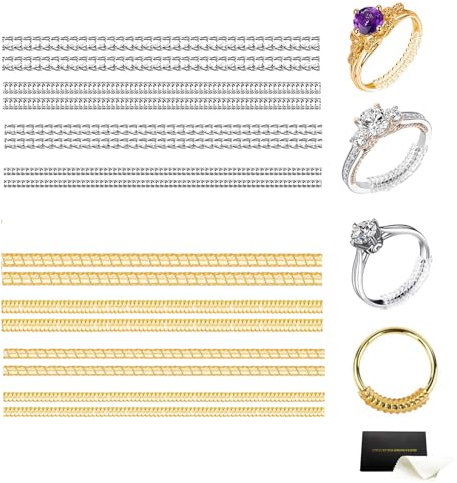 WGLILO Ring Sizer Adjuster for Loose Rings,16 Pack 4 Size for Different Band Widths, Invisible Guards for Women & Men, Spiral Silicone Tightener Set with Polishing Cloth(Gold & Clear)