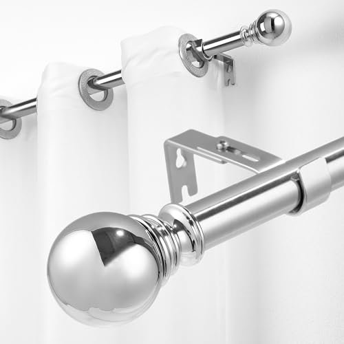 Gardinenstange 66-222cm, Ø 25 mm ausziehbare Gardinenstange Silber mit 2 runden Endstücken für Fenster, Tür, Wohnzimmer,Curtain Rod 1 Piece