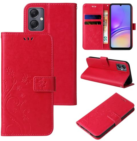 LBH Handy Hülle für Samsung Galaxy A05 Case Handytasche Schmetterling Blumen Flower Standfunktion Schutzhülle Magnet Rundum Schutz 360 Grad Flipcase Cover Rot