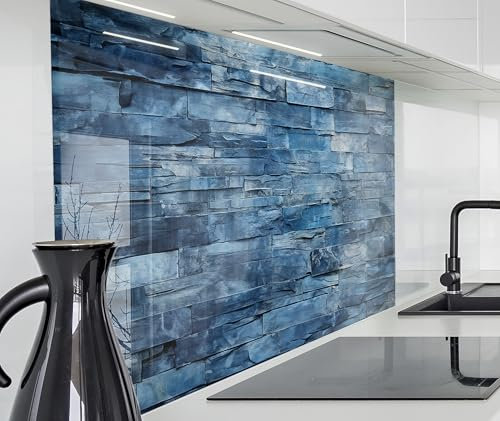 timalo Herd Spritzschutz Wand Spüle, Küche Küchenrückwand Glasoptik | Acryl Glas 2mm | Glasrückwand Acrylglas Küchenpaneele Rückwandschutz Platte | 80x60cm Blaue Steinwand Bruchstein Mauer
