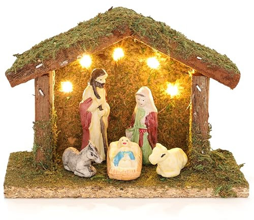 Christmas Concepts® 14 cm (5,5) Presepe in miniatura a batteria - 5 luci LED bianche calde e personaggi della natività - Decorazioni natalizie tradizionali