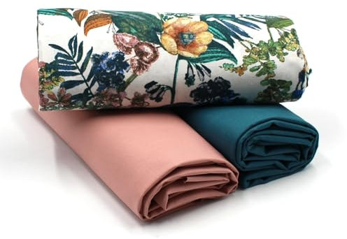 VmG-Store 1,5m Baumwollstoff Set Designstoff + 2x Uni farblich abgestimmt 100% Baumwolle Material Auswahl (Palmenblätter Tropische Blüten Set42)