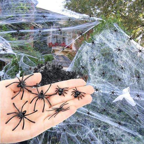 Bstalpine 200g Spinnennetz +40 Spinnen Halloween Outdoor Deko, 1000m² Weiße Spider Web, Halloween Dekoration Party Deko Indoor, Häuser, Garten & Spukhaus