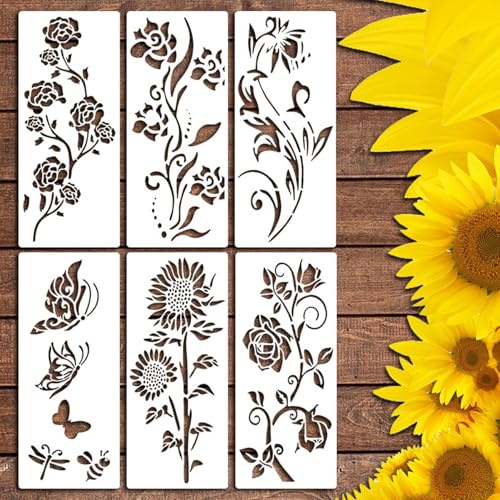 Blumenschablonen zum Malen, wiederverwendbare Blumenschablonen für Wände, auf Holzmöbeln, 6 Zeichenschablonen, Malvorlagen, Kunstprojekte, Basteln, Sonnenblumen-Pfingstrose, Rosen-Schablonen