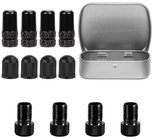 12 Adaptadores Válvula Bicicleta, Adaptadores Válvula Bomba Bicicleta Aleación de Aluminio y Plástico con Caja Almacenamiento Adaptadores Bomba Aire Neumáticos Bicicleta (Negro)