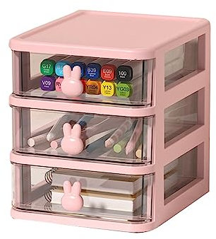 Boîte de Rangement de Bureau à Plusieurs Niveaux, Tiroirs de Rangement en Plastique, Organisateur de Tiroirs Transparents avec Poignée en Lapin pour Ranger Livres et (Rose, 3