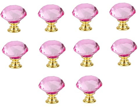 Crystal Drawer Knobs from Hotooldo -30mm Gold Base Glass Drawer Knobs Crystal Door Handles Diamond Shaped Pulls with Screw for Home Kitchen Office Chest Cabinet Drawer,10Pcs Pink-Gold Base