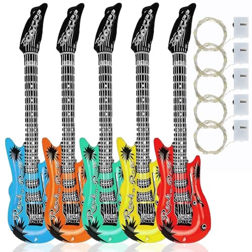 5 Stück Luftgitarren zum Aufblasen 55cm Aufblasbare Gitarre Aufblasbare Instrumente Gitarre Aufblasbar für Musikfestival Rock Party Dekoration Geburtstagsparty Rock Pool mit LED-Licht(5 Farben)