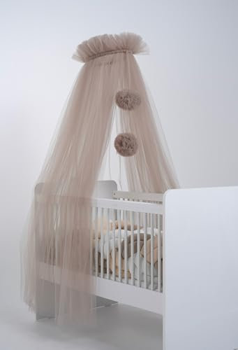Babybetthimmel aus Tüll, Betthimmel für Babybett, Prinzessin Babywiege, Beistellbett Baby, Moskitonetz, Babyzimmer Deko, Baldachin Kinderzimmer 165cm lang, mit Pompons, Taupe (Taupe)