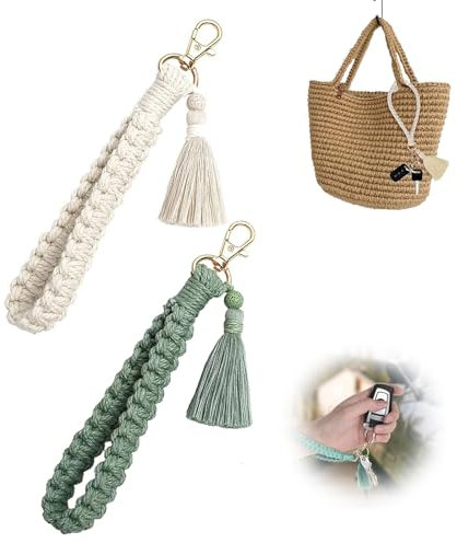 Jormftte 2 Stück Makramee Schlüsselanhänger, Geflochten Handgefertigt Armband Schlüsselring Quaste Armband, Boho Geflochtener Schlüsselanhänger, Handgelenk-Lanyard (Grün, Cremefarben)