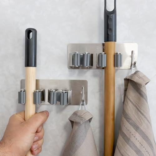 Ataraxia Home - Colgadores Escoba y Fregonas Adhesivo, Organizador y Soporte escobas Pared adhesivo, Cuelga y Sujeta Escobas, Escobero pared - Porta Fregona para Colgar Escoba y Fregonas (2x2 Gris)