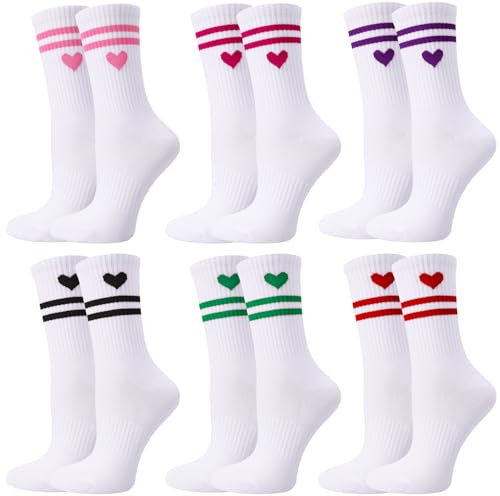 Utensilsto 6 Paar Herz Tennissocken für Damen Sportsocken Damen 39-42 Weiß Socken mit Streifen Herz Laufsocken Tennis Sport Socken mit Streifen Crew Socks Arbeitssocken