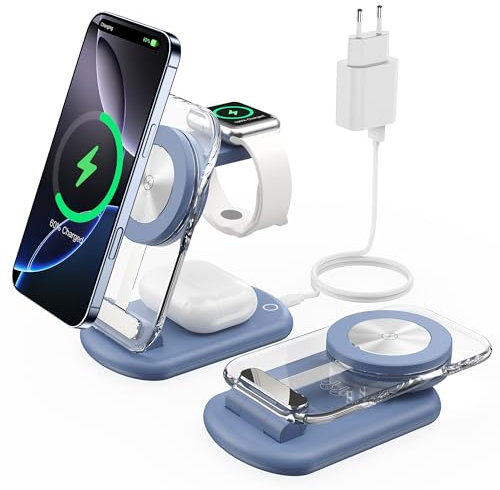 Estación de Carga inalámbrica magnética 3 en 1 para Dispositivos Apple,Cargador rápido y Plegable para Viajes,con luz Nocturna para iPhone 16, 15, 14, Apple Watch/AirPods Pro,BU
