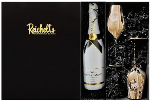 Moet & Chandon Ice Imperial 0,75 l 12% + 2 x original Moet & Chandon Champagnerglas in gold als Geschenkset in Präsentbox by Reichelts