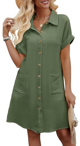 Niwicee Robe Femme Ete Boheme Chic et Elegant de Plage Col V Short Manches Courtes Button Down Chemise avec Poches
