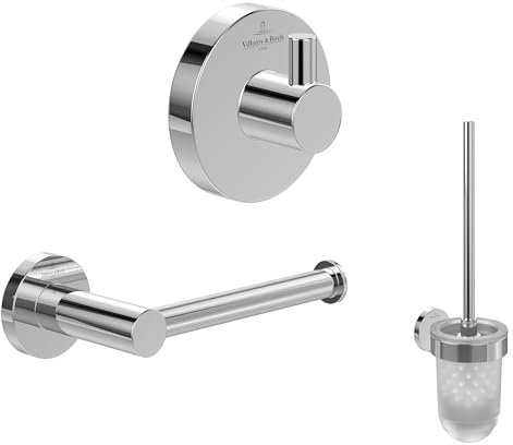 Villeroy & Boch Elements Tender Badaccessoire-Set (3 in 1), rund – Chrom | Set bestehend aus Handtuchhaken, Toilettenpapierhalter ohne Deckel, Toilettenbürstengarnitur
