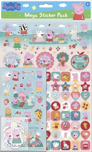 Mega confezione di adesivi estivi di Peppa Pig, prodotto con licenza ufficiale, tre tipi di adesivi (150 in totale), riutilizzabili su superfici non porose, ideali per ragazze dai 3 anni in su,