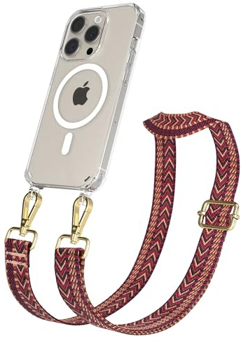 EAZY CASE Handykette - Verstellbares Taschenband kompatibel mit iPhone 15 Pro, Schulterriemen, Handykordel mit Silikon Hülle, Qi Charging kompatibel, Umhängetasche, Rot Braun Gold