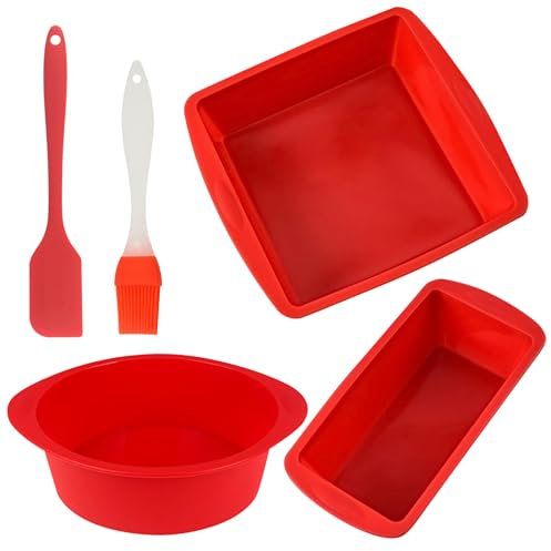 5 Stück Silikon Backformen Satz, 3 Verschiedene Formen Rot Silikon Backform mit Ölpinsel Schaber, Anti-Haftbeschichtet Wiederverwendbar HeißLuftfritteuse Silikonform Backen für Kuchen Toast Brot Laib