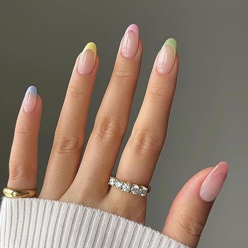 SXVME Colorful French Tip Press on Nails Short Oval, Natural Nude False Nails with Rainbow French Tips Designs, Glossy Gel Finish Round Acrylic Nails Press Ons for Women Daily Wear 24 Pcs