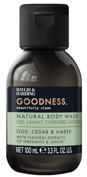 Baylis & Harding Goodness Natural Body Wash 100ml Travel Size 1 pack | Oud, Cedar & Amber, 98% Naturally Derived, Dermatologist Approved, Vegan Friendly, Made in UK