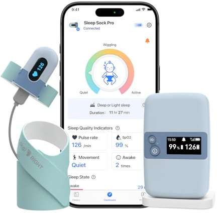 BabyO2 Smart Baby Monitor, Sleep Sock Monitor with Sleep Pattern Analysis, Real-Time Tracking of O2 Oxygen Saturation, Heart Rate, Base Station Included, Wearable Oximeter for 0-3 Years Old
