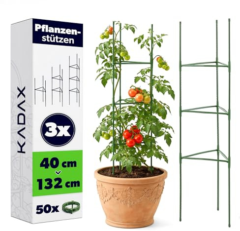 KADAX 3er Set Tomaten Rankhilfe 132 x 30 cm, Tomatenturm mit 50 Pflanzenclips, Tomatenrankhilfen, Pflanzenstützen aus Metall mit Kunststoffbeschichtung, Rankgitter