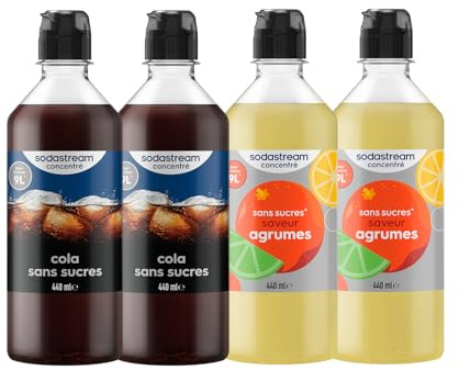 Sodastream 2 Concentrés Cola Sans Sucres + 2 Concentrés Agrumes Sans Sucres pour Machine à Eau Pétillante et Soda | Préparez jusqu'à 9 litres de Cola et Agrumes en Quelques Secondes, 4 x 440ml
