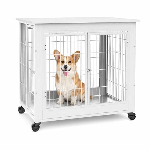 CareCooo Hundebox im Möbelstil, Weiß, 80x56x69.5cm | Eleganter Holzkennel-Tisch, Doppeltür & aufklappbares Dach, Indoor Hundehütte auf Rollen, Für kleine & mittelgroße Hunde