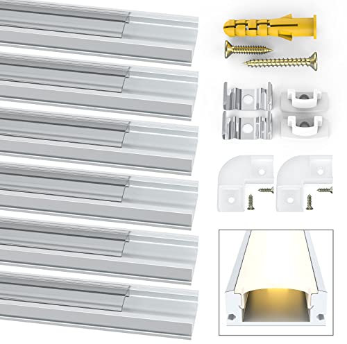 Jirvyuk Led Aluminum Profile, 6 Pack 1m/3.3ft U-Shape Led Channel and Diffuser with Transparent Cover, End Caps and Metal Mounting Clips, Led Strip Profile for Indoor Led Strip Lights(Transparent)