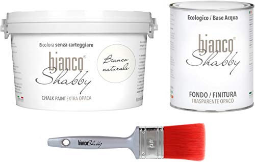 CHALK PAINT Bianco Naturale & FINITURA + PENNELLO - Pittura Shabby Chic EXTRA OPACA (2,5 Litri) + Finitura Trasparente Opaco (1 Litro) + 1 Pennello Pro 50 mm