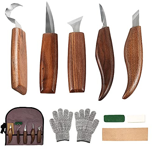 harupink 10 in 1 Set di Strumenti per Intaglio del Legno, con 5 coltelli a Uncino Sloyd Dettaglio + Cera per Lucidatura + Cuoio per Affilare + Borsa di Tela per Principianti e Scultori Professionisti