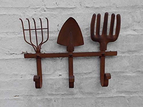 Deko-Impresion Hakenleiste Gartenwerkzeug 3er Eisen Wandhaken Echtrost 32 cm Landhausstil