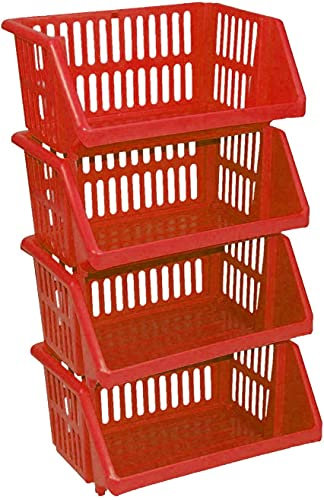 Optimal Products Large 4 Tier Stacking Baskets Storage Veg Rack Plastic Stackers 35 cm Kitchen Fruit Vegetable Stand Shelf (Red)