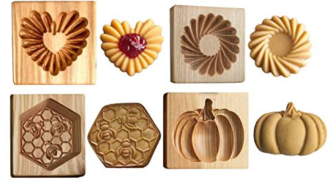 Cookie Cutter Carved Wooden Mould Press Cookie Mold, Cookie Cutter Embossing Mold, Wooden Biscuit Cutter Cookie Presses Stamps DIY Halloween Thanksgiving Christmas (4 Pcs,)