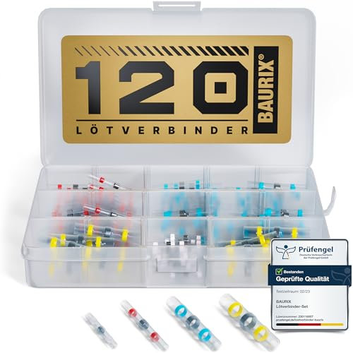 BAURIX® Lötverbinder Set 120 Stück – IP67 Schrumpfverbinder für wasserdichte Kabelverbindungen – für Auto, Elektronik & Outdoor – 4 Größen