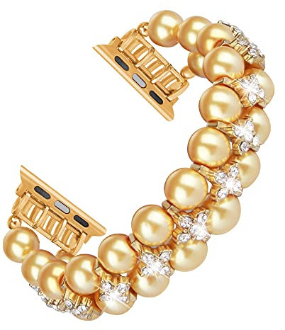 GEMEK Perla Bracciale Compatibile con Apple Watch Band 42/44/45/49mm iWatch Serie 9/8/7/6/5/4/3/2/1, Artificiale Elastico Stretch Bling Diamante Gioielli Cinturino di sostituzione per le (Oro lucido)