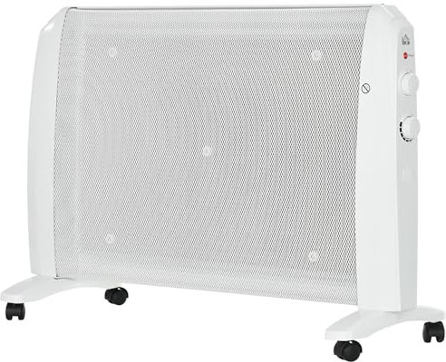 HOMCOM Calefactor Eléctrico 1000W/2000W Radiador de Mica con 2 Niveles de Potencia Termostato Regulable y 4 Ruedas para Sala de 15-20 m² Silencioso 79x27x54 cm Blanco